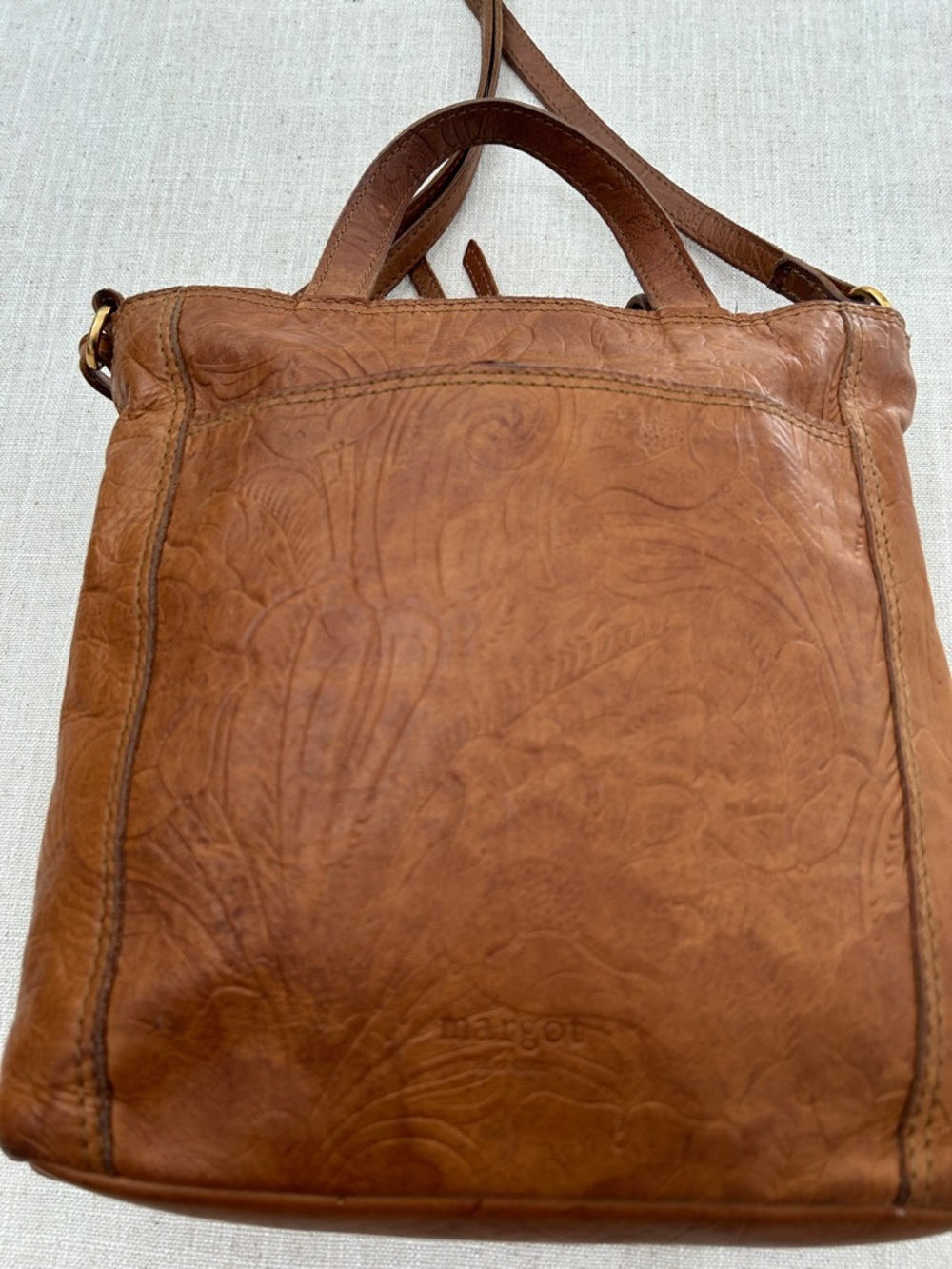 Margot Crossbody Bag Embossed Floral Leather in Cognac Brown - Picture 9 of 16